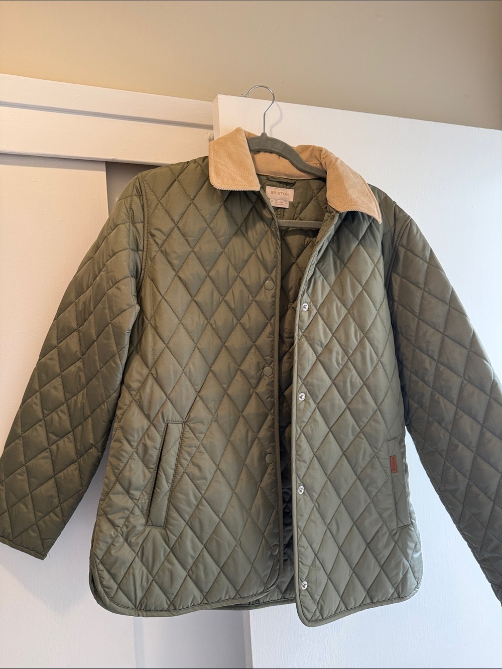 Brixton Olive Quilted Diamond-Stitch Jacket with Tan Corduroy Collar - Picture 2 of 5